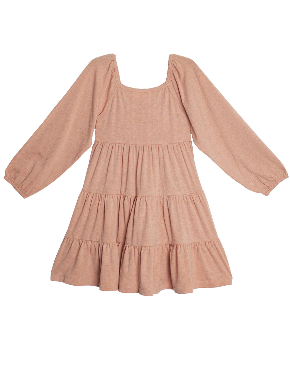 The Flower Mae Pink Dress by Mabel and Honey is a light pink, long sleeve tiered dress with a square neckline, gathered waist, elastic cuffs, bow back detail, and a loose flowy fit crafted from soft lightweight fabric.