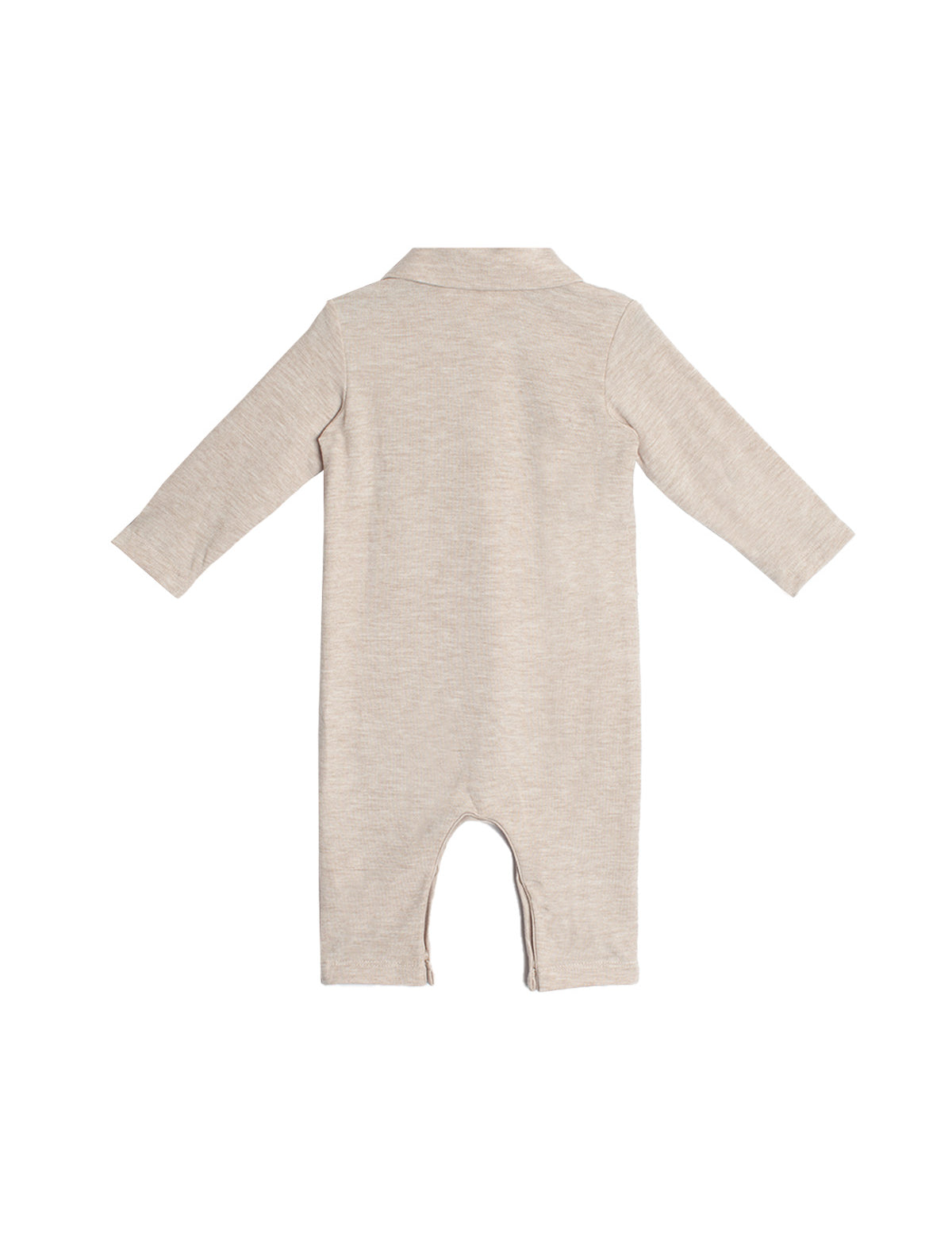 The Millie Brothers Romper by Beckett and Bear is a beige, long-sleeved romper with a collared neckline, shown from the back and laid flat on a white background.