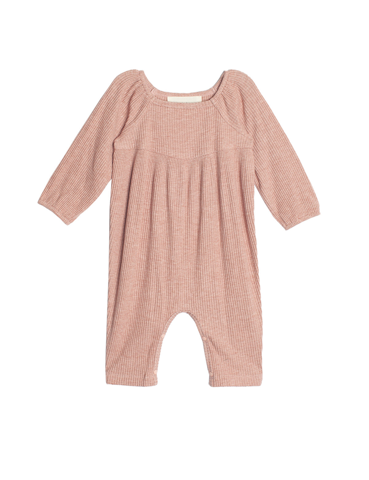 The Adore Baby Romper by Mabel + Honey is a long-sleeved, ribbed knit one-piece in light pink with gathered chest fabric and loose legs for comfort.
