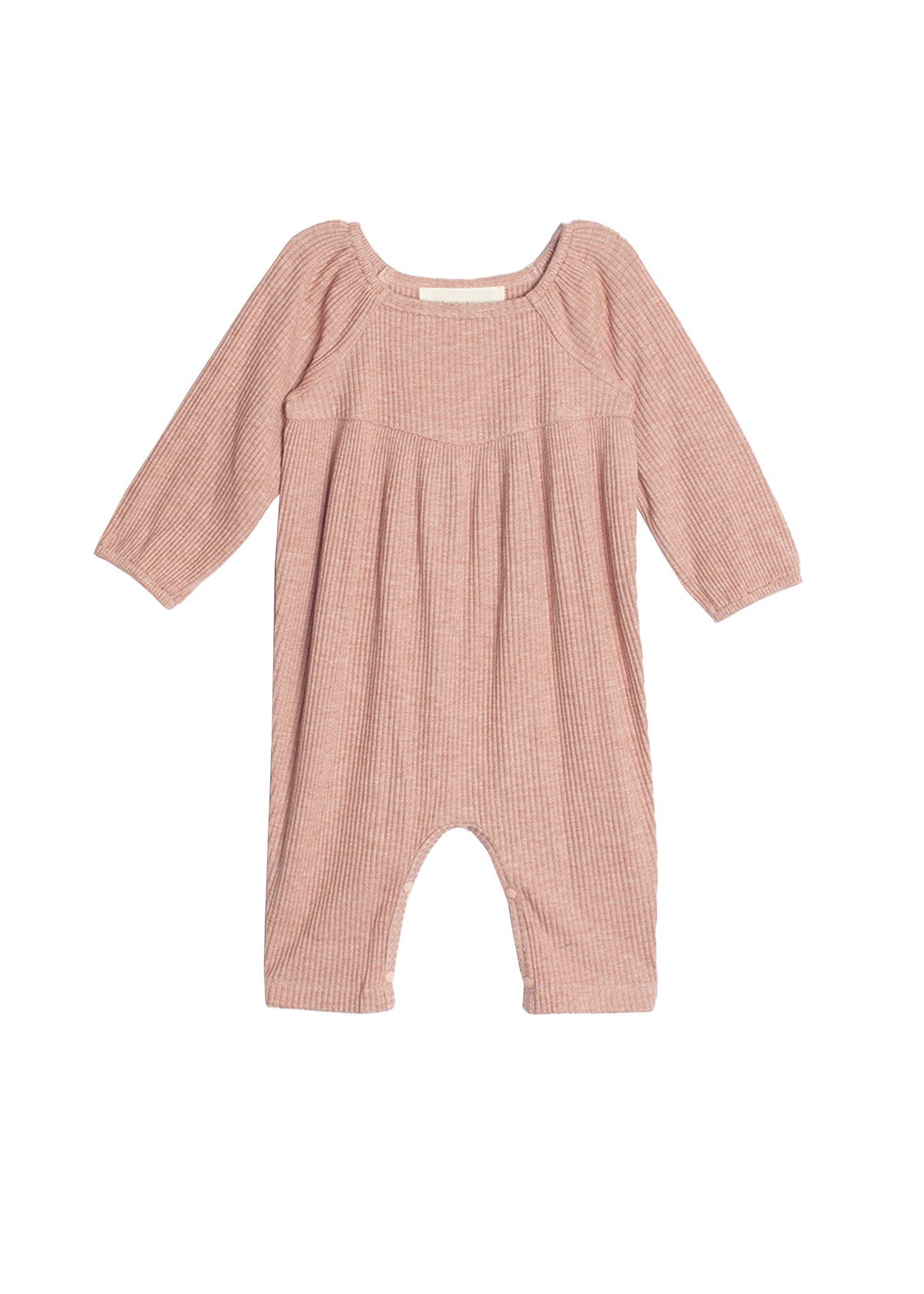 The Adore Baby Romper by Mabel + Honey is a long-sleeved, ribbed knit one-piece in light pink with gathered chest fabric and loose legs for comfort.