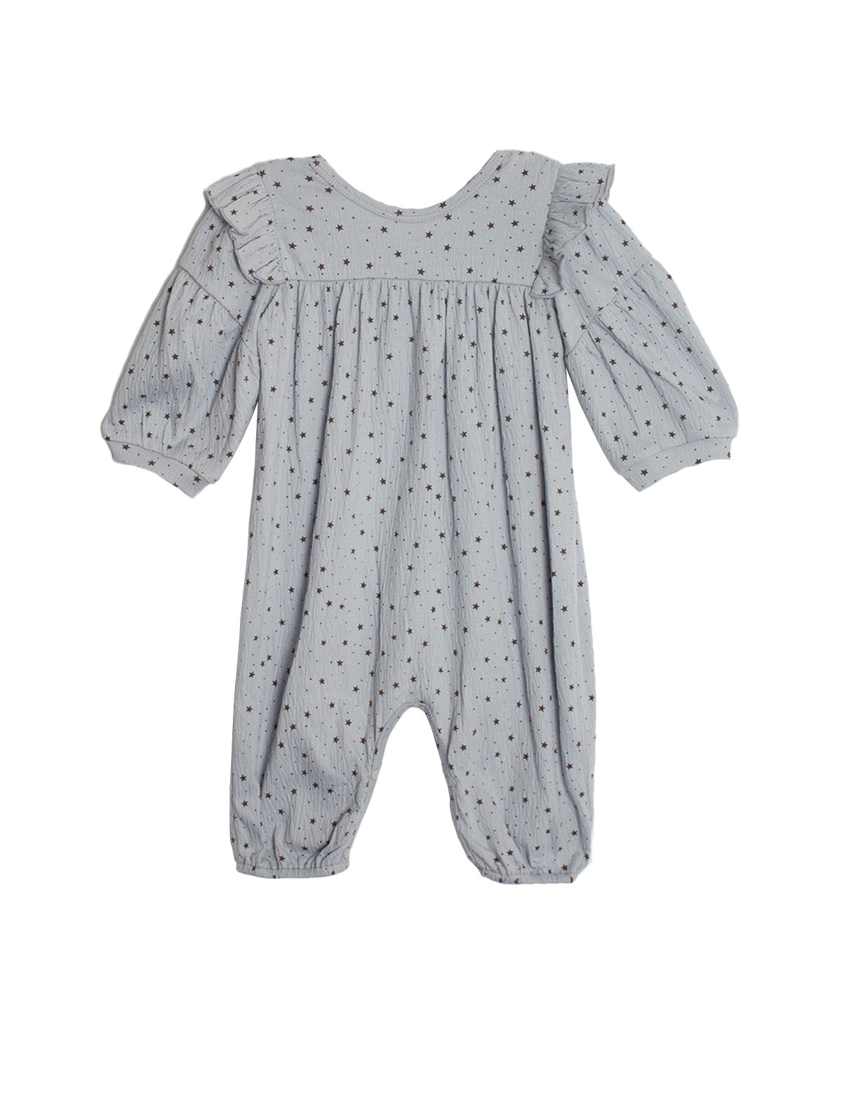 The Twinkle Twinkle Romper by Mabel and Honey features a blue-gray design with long puffed sleeves, elastic cuffs, ruffled shoulders, and a soft, lightweight fabric adorned with small black dots.