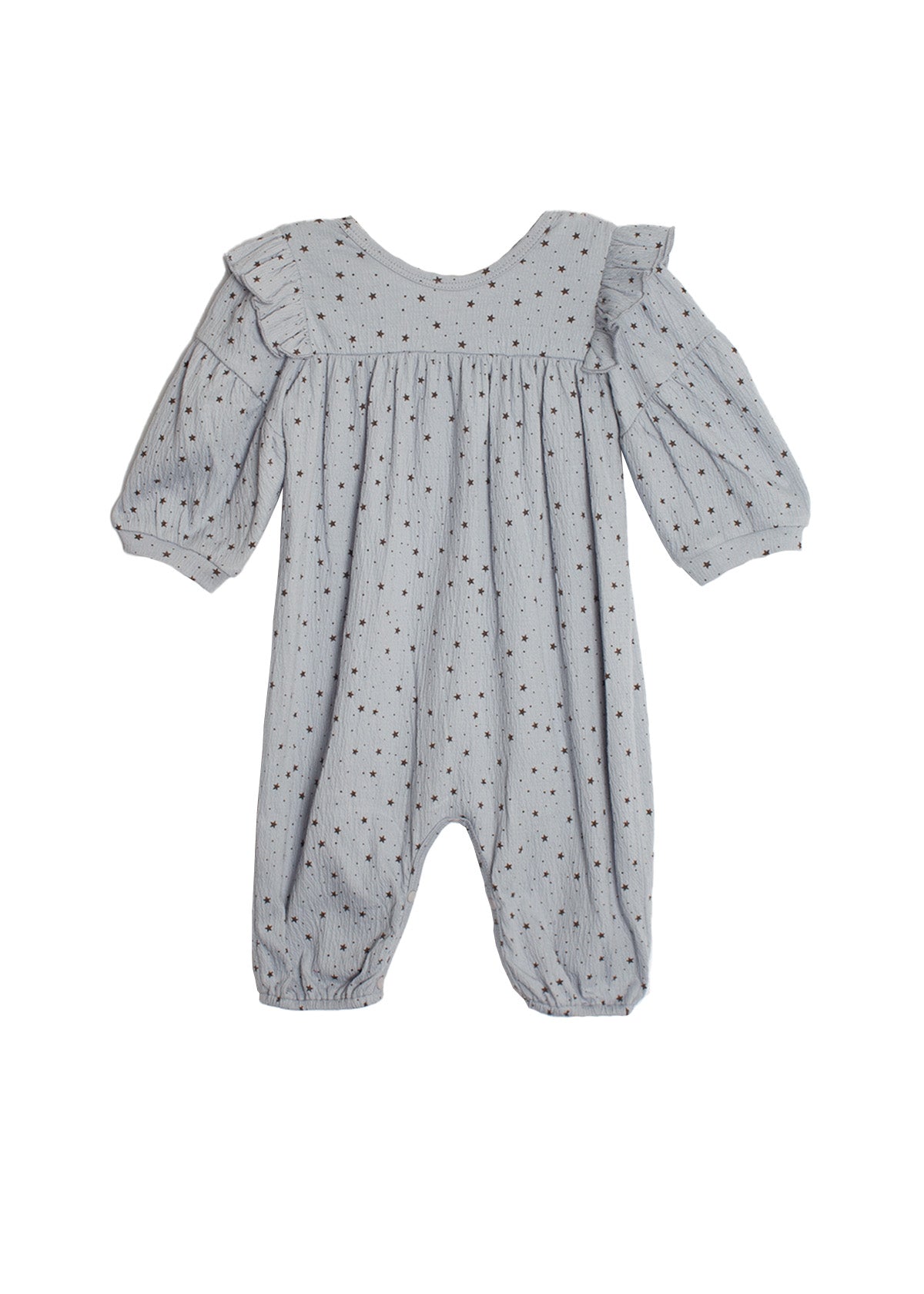 The Twinkle Twinkle Romper by Mabel and Honey features a blue-gray design with long puffed sleeves, elastic cuffs, ruffled shoulders, and a soft, lightweight fabric adorned with small black dots.