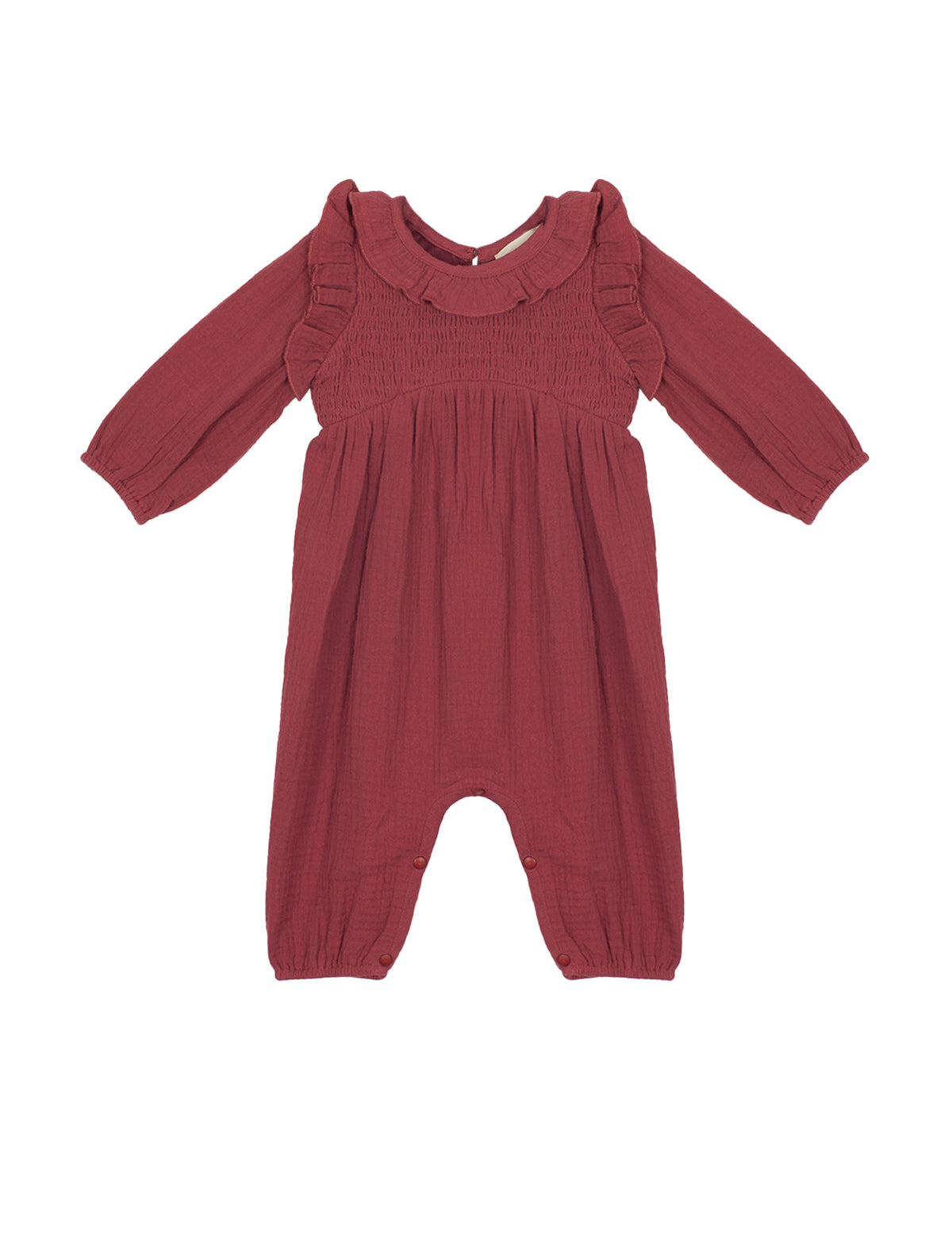 The Mabel and Honey Autumn Romper boasts long sleeves, maroon fabric, a ruffled collar, smocked front, elastic cuffs, and inseam snaps—making it perfect for cozy autumn style.