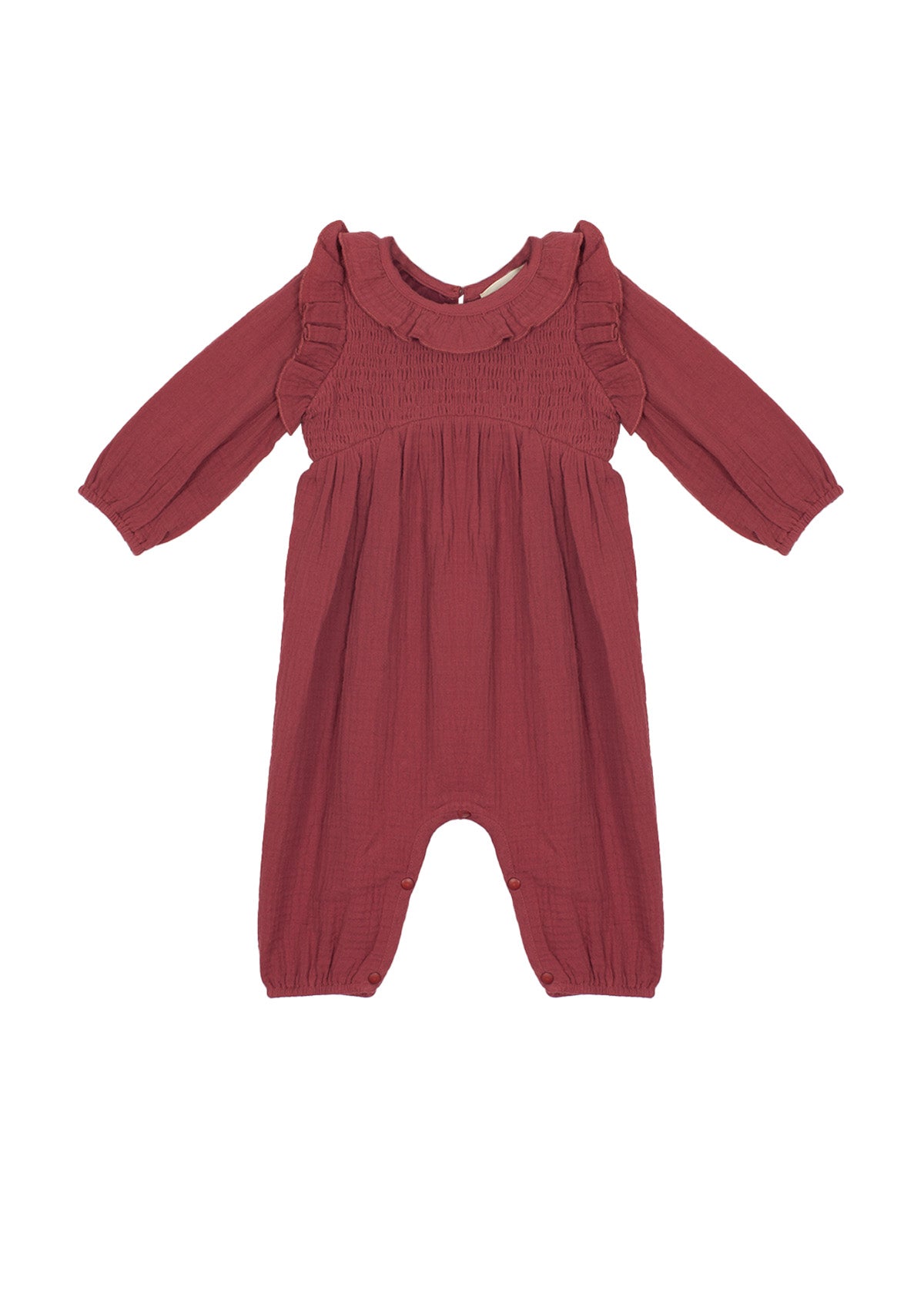 The Mabel and Honey Autumn Romper boasts long sleeves, maroon fabric, a ruffled collar, smocked front, elastic cuffs, and inseam snaps—making it perfect for cozy autumn style.