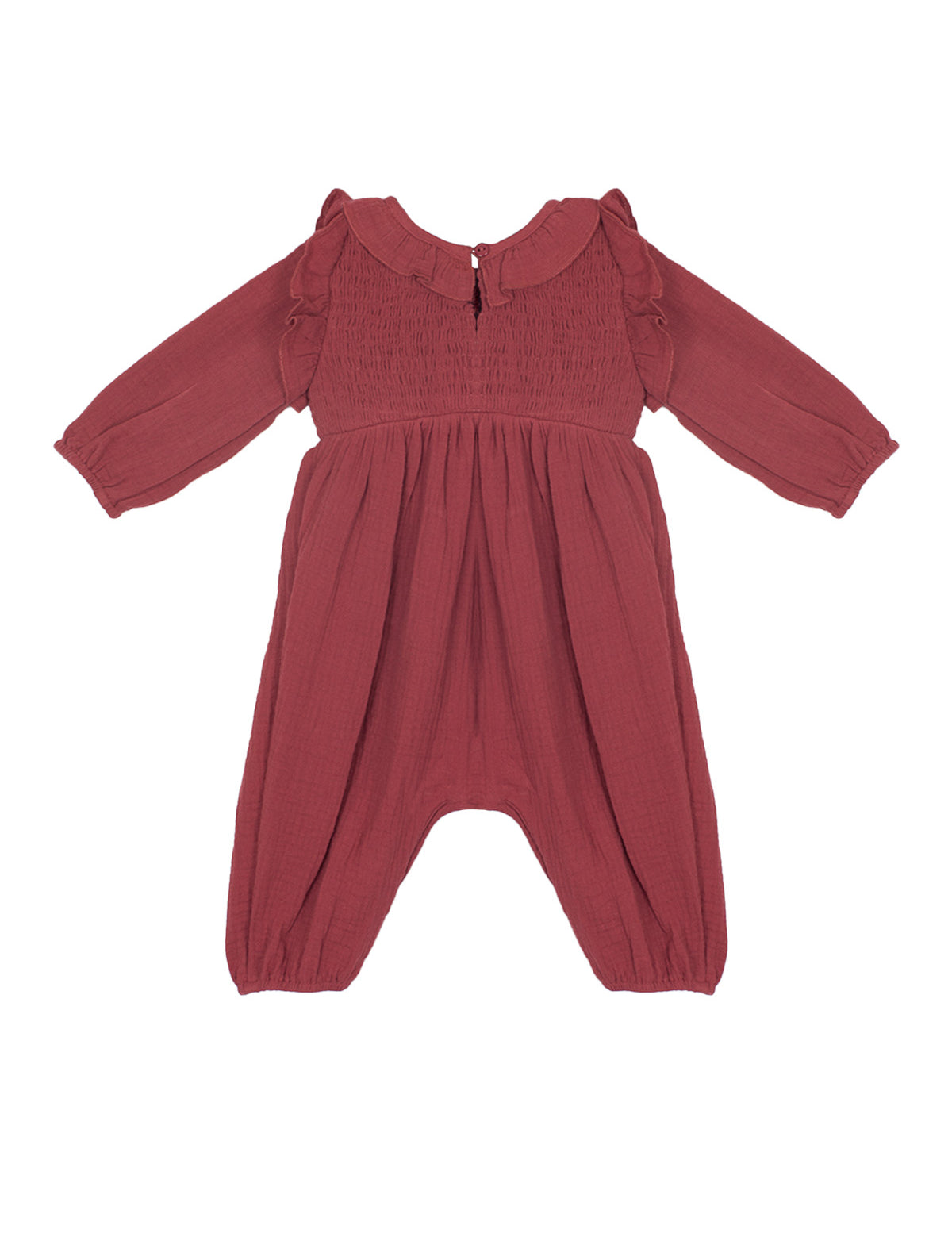 The Mabel and Honey Autumn Romper features a dusty rose color, ruffled collar, smocked front, and loose-fitting legs in soft, lightweight fabric—perfect for keeping infants or toddlers comfortable.