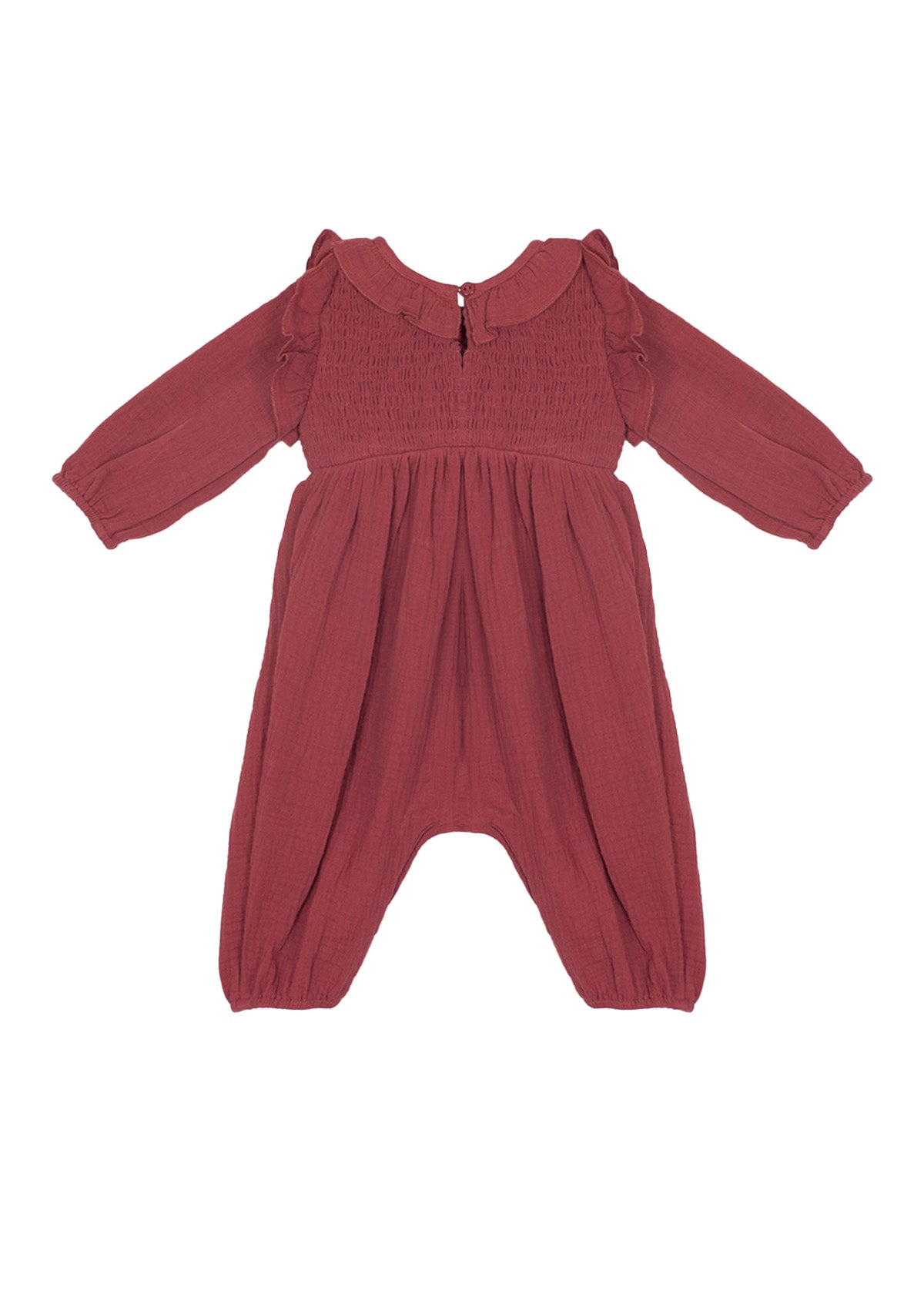 The Mabel and Honey Autumn Romper features a dusty rose color, ruffled collar, smocked front, and loose-fitting legs in soft, lightweight fabric—perfect for keeping infants or toddlers comfortable.