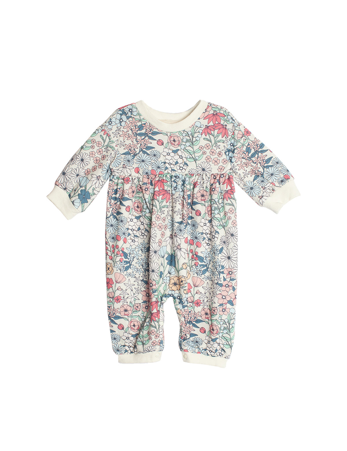The Melody Romper by Mabel and Honey is a long-sleeve baby romper with a colorful floral pattern, cream collar and cuffs, shown on a white background.