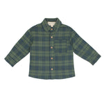 The Beckett and Bear Cozy Creatures Brothers Top is a boys' long-sleeved green and navy plaid shirt with a collar and one chest pocket, shown against a white background.