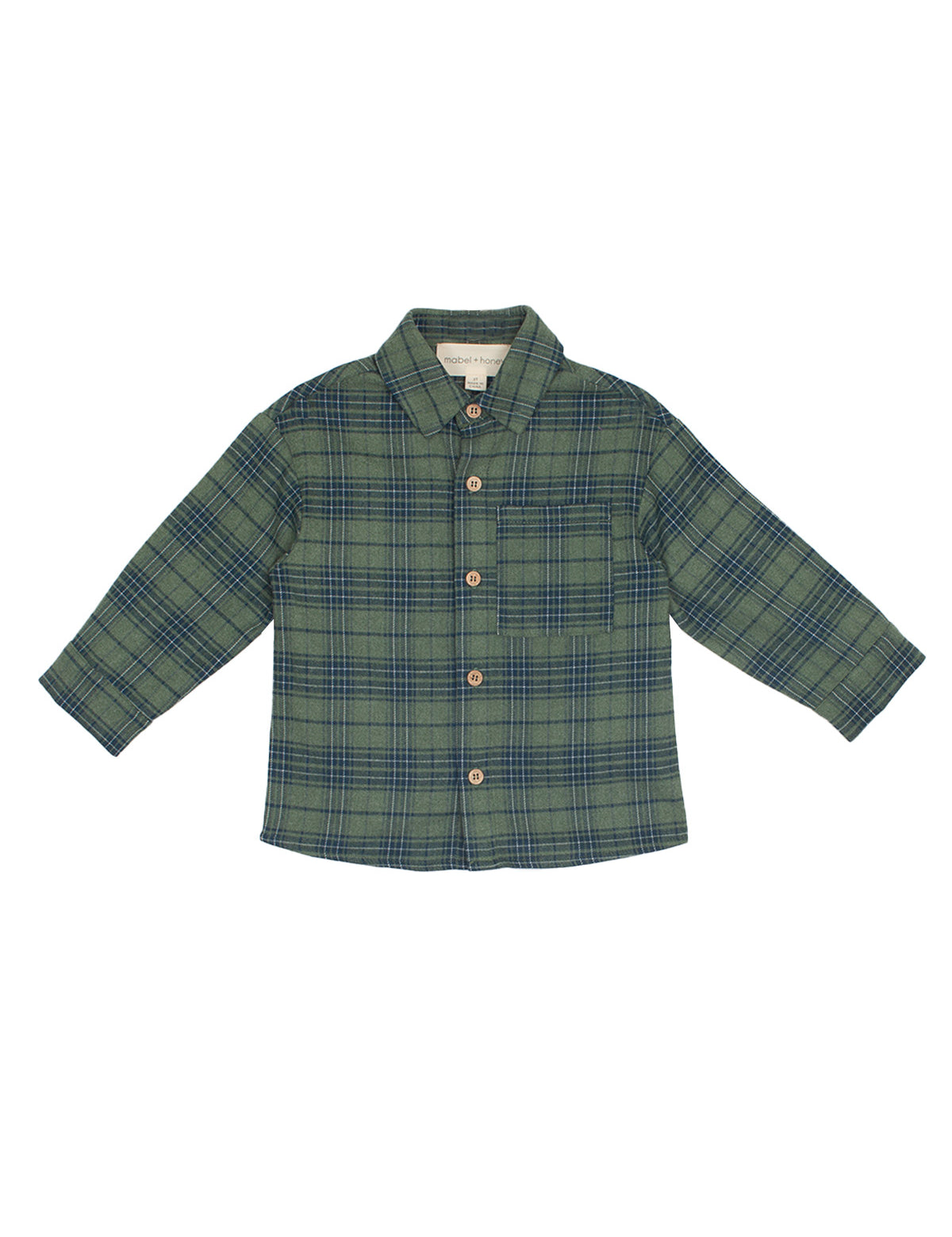 The Beckett and Bear Cozy Creatures Brothers Top is a boys' long-sleeved green and navy plaid shirt with a collar and one chest pocket, shown against a white background.