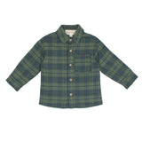 The Beckett and Bear Cozy Creatures Brothers Top is a boys' long-sleeved green and navy plaid shirt with a collar and one chest pocket, shown against a white background.