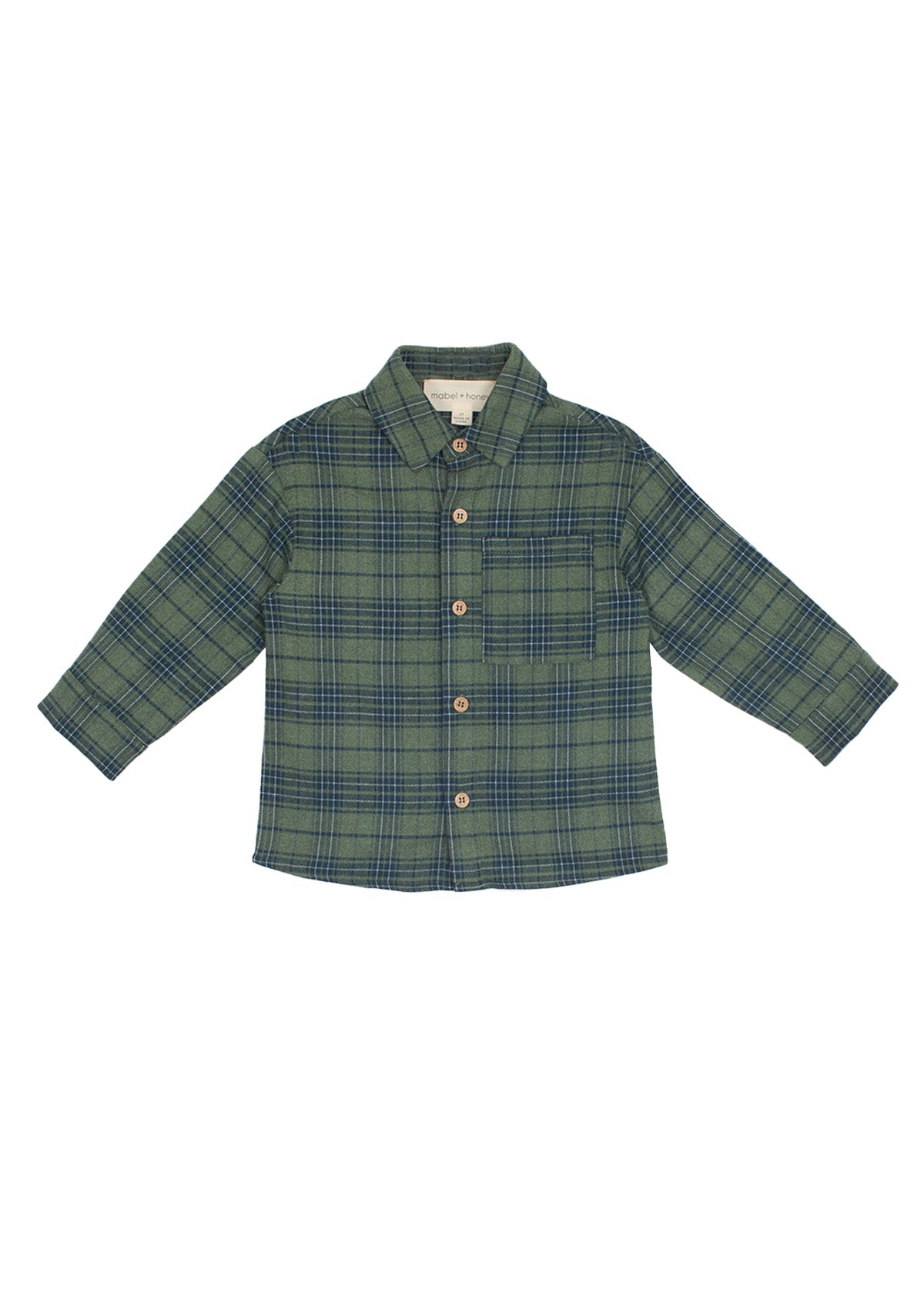 The Beckett and Bear Cozy Creatures Brothers Top is a boys' long-sleeved green and navy plaid shirt with a collar and one chest pocket, shown against a white background.