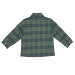 The Beckett and Bear Cozy Creatures Brothers Top is a forest green boys’ long sleeve shirt with blue plaid, collar, buttoned cuffs, straight hem, and relaxed fit for classic comfort. Shown from the back.