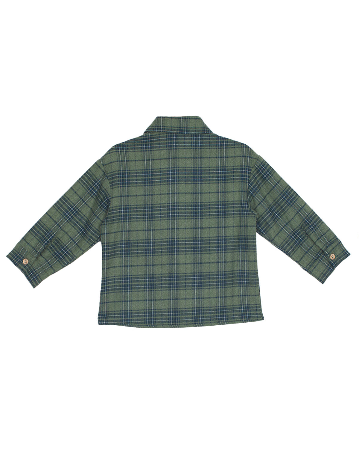 The Beckett and Bear Cozy Creatures Brothers Top is a forest green boys’ long sleeve shirt with blue plaid, collar, buttoned cuffs, straight hem, and relaxed fit for classic comfort. Shown from the back.