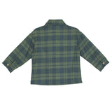 The Beckett and Bear Cozy Creatures Brothers Top is a forest green boys’ long sleeve shirt with blue plaid, collar, buttoned cuffs, straight hem, and relaxed fit for classic comfort. Shown from the back.