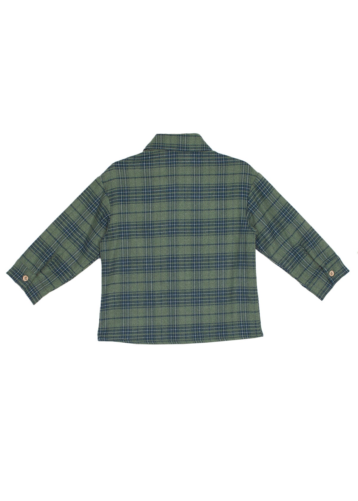 The Beckett and Bear Cozy Creatures Brothers Top is a forest green boys’ long sleeve shirt with blue plaid, collar, buttoned cuffs, straight hem, and relaxed fit for classic comfort. Shown from the back.