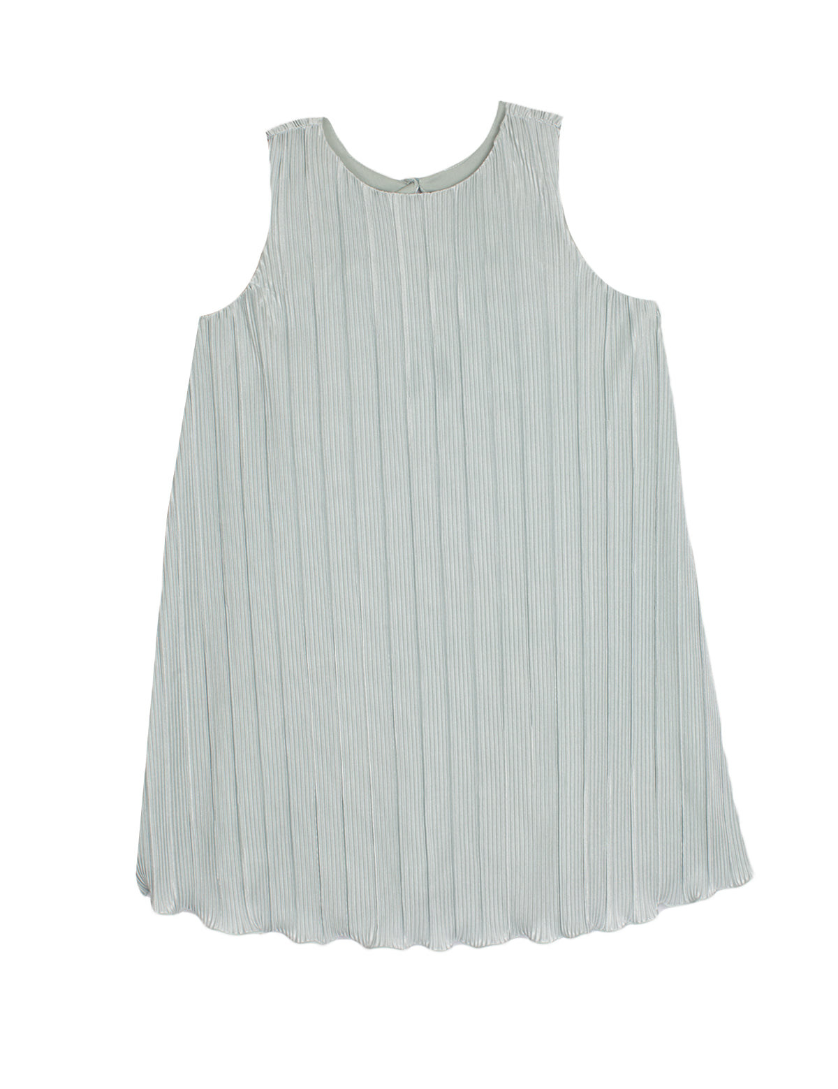 The Isobella and Chloe Wintermelon Dress is a sleeveless, light gray girls’ dress with a round neckline, relaxed fit, and elegant vertical pleats, shown laid flat on a white background.