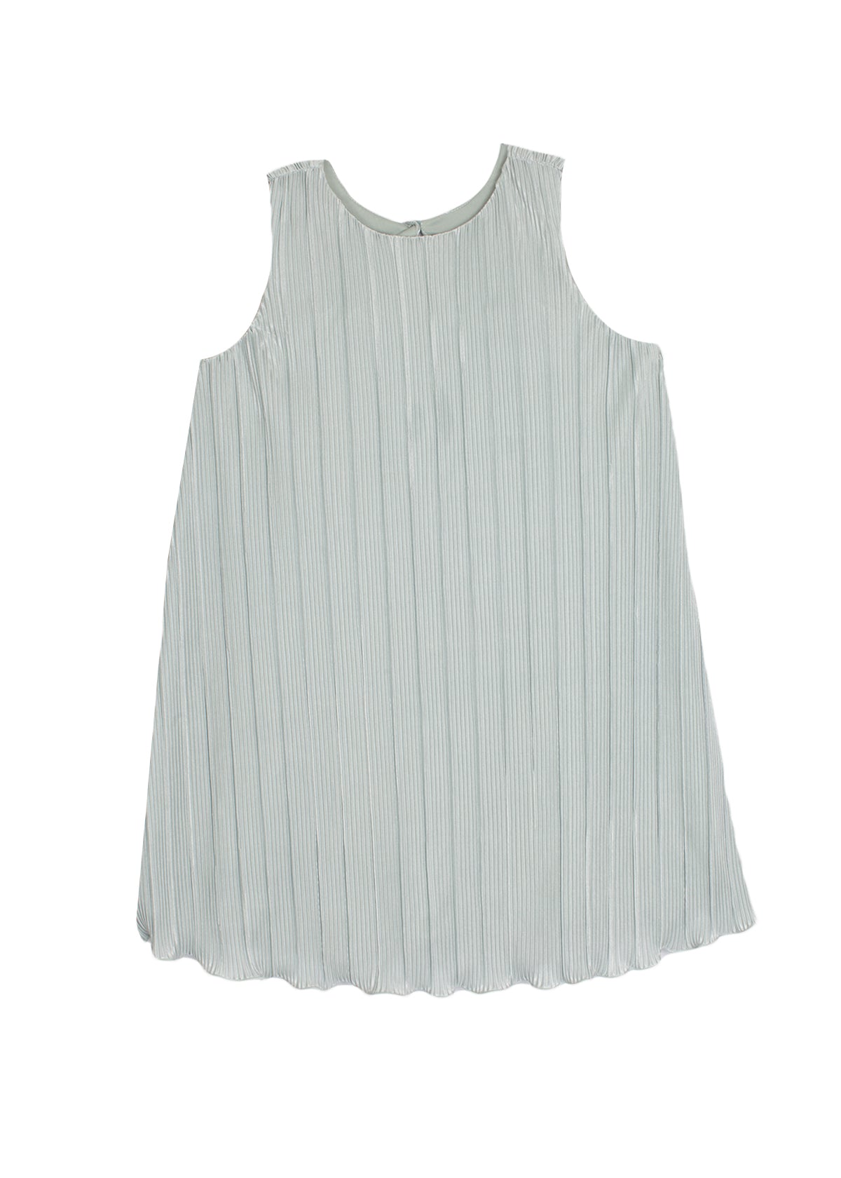 The Isobella and Chloe Wintermelon Dress is a sleeveless, light gray girls’ dress with a round neckline, relaxed fit, and elegant vertical pleats, shown laid flat on a white background.