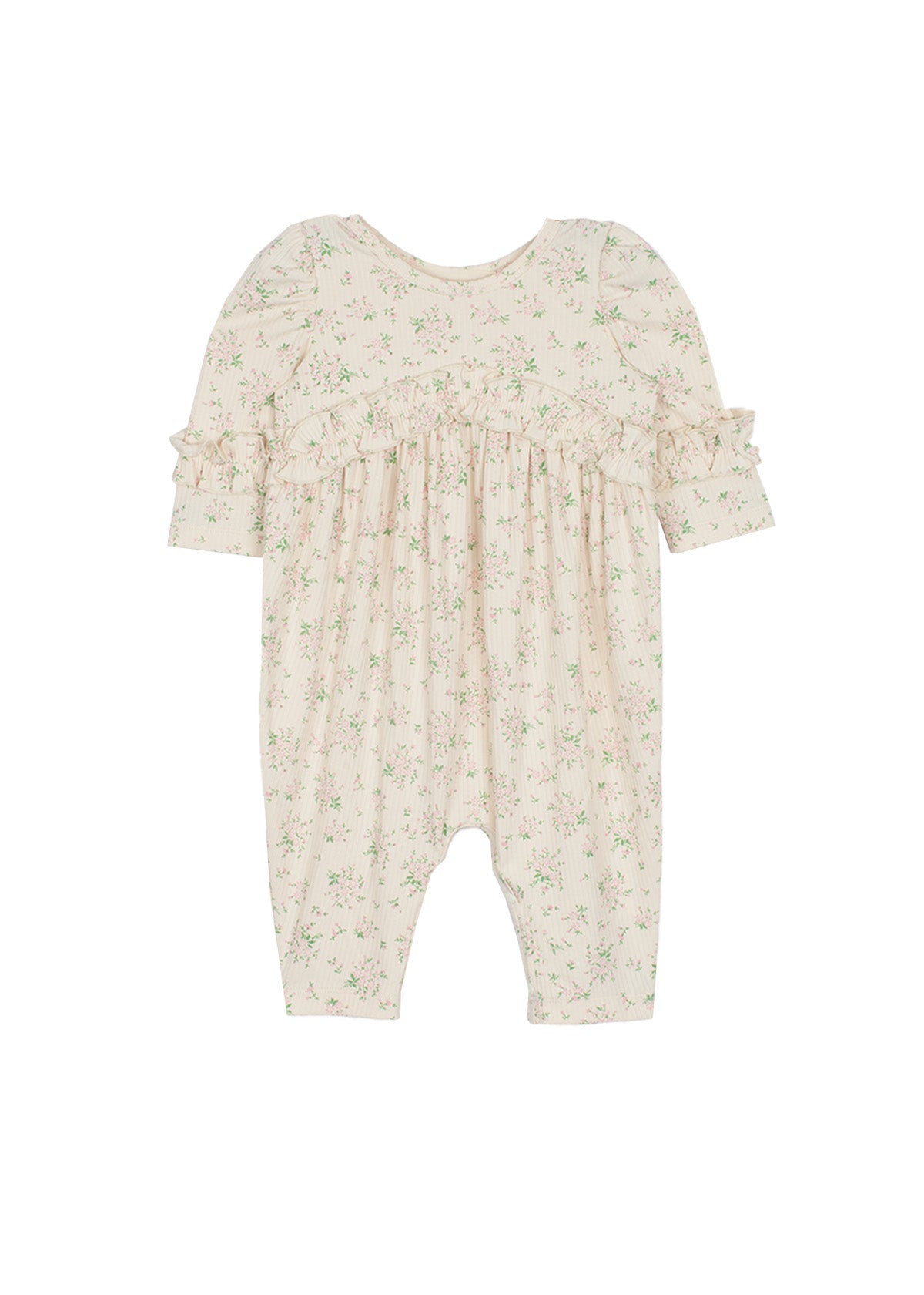 The Mabel and Honey Breakfast in Bed Romper is a cream-colored baby girls’ piece with a green floral print, ruffled sleeves, and gathered fabric for a soft, vintage-inspired look.