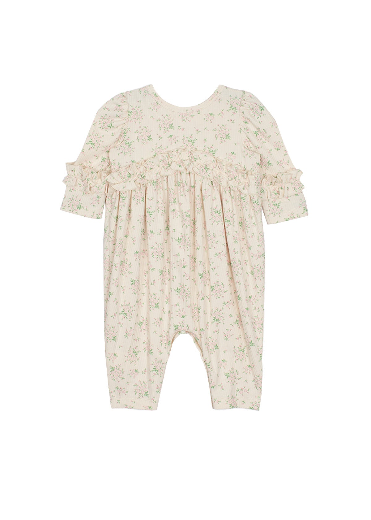 The Mabel and Honey “Breakfast in Bed Romper” is a cream-colored long-sleeve baby girls romper with ruffled sleeves, chest and cuff accents, and a delicate green floral pattern. Displayed flat on a white background.