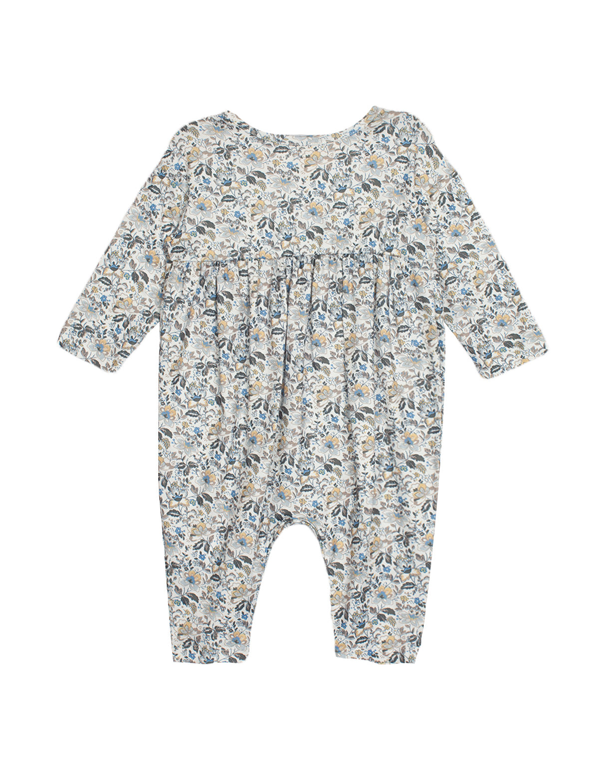 The Hazelnut Romper by Mabel and Honey is a long sleeve baby girl outfit with blue, beige, and green florals on white, gathered chest fabric, and closed feet.