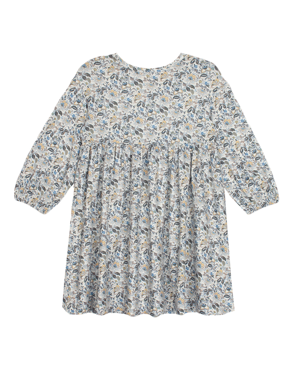 The Hazelnut Dress by Mabel and Honey is a loose-fitting, long sleeve girl’s dress with a high waist, blue-green-beige floral print, round neckline, flowy silhouette, and is ideal for casual special occasions.