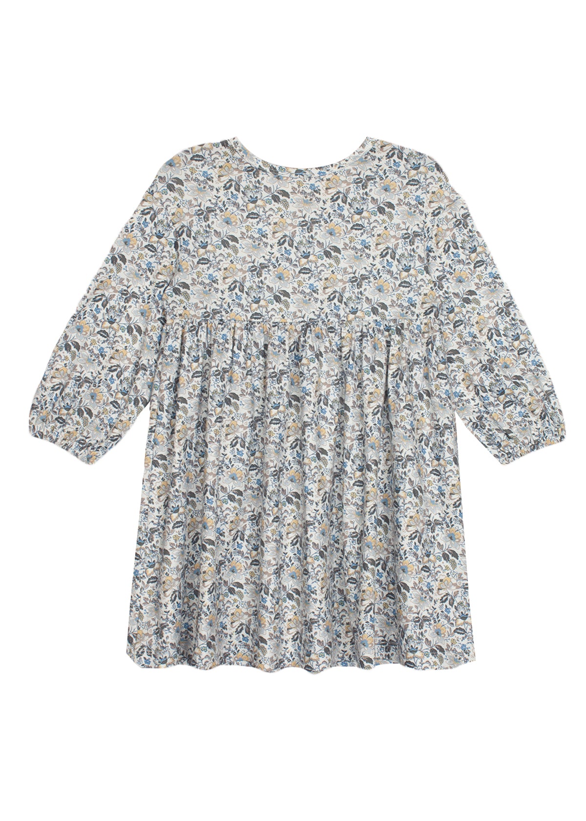 The Hazelnut Dress by Mabel and Honey is a loose-fitting, long sleeve girl’s dress with a high waist, blue-green-beige floral print, round neckline, flowy silhouette, and is ideal for casual special occasions.
