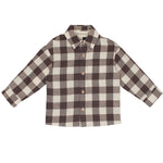 The Beckett and Bear S'mores Brothers Top is a boys' long-sleeve shirt with a brown and cream check pattern, chest pocket, and classic collar, shown laid flat on a white background.