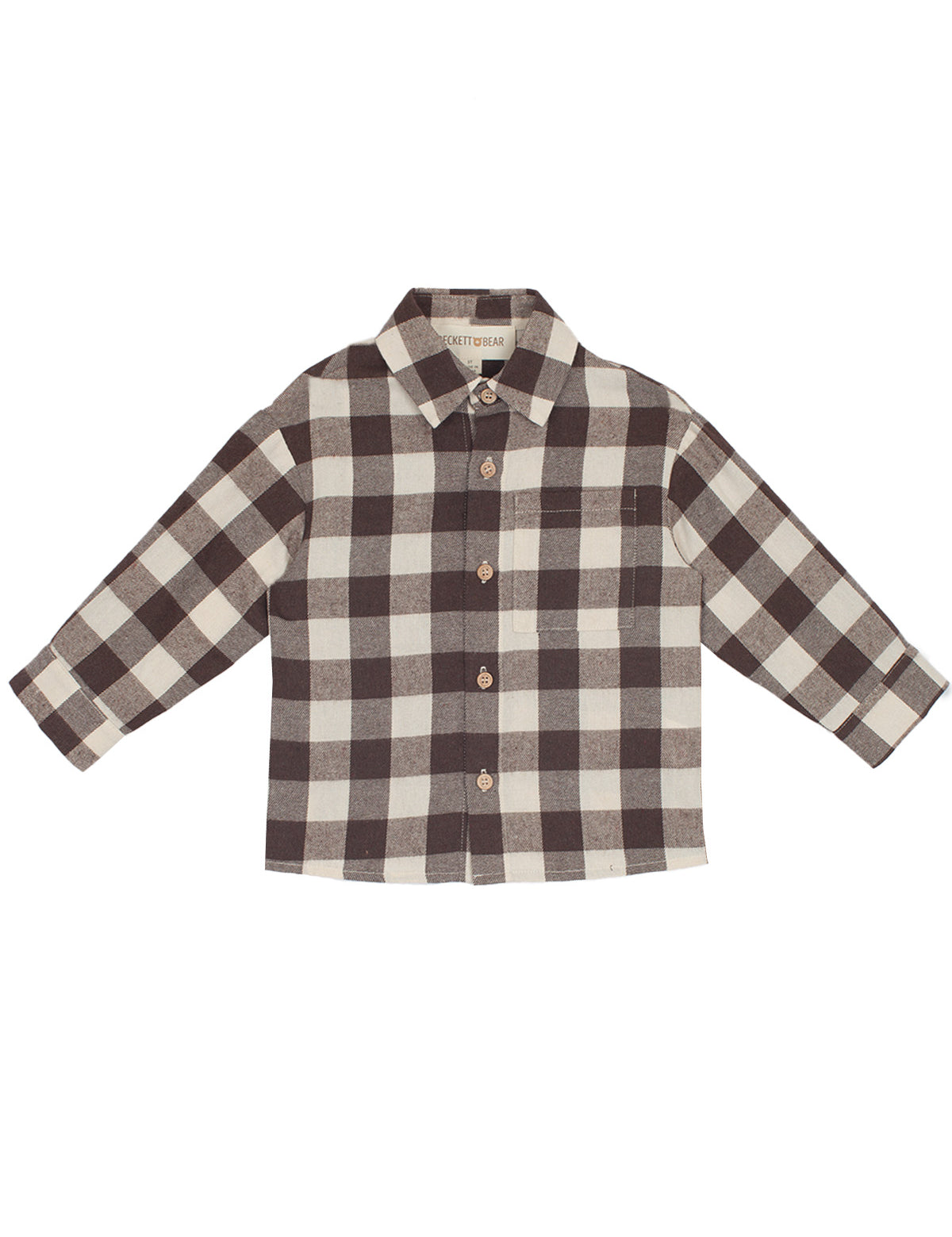 The Beckett and Bear S'mores Brothers Top is a boys' long-sleeve shirt with a brown and cream check pattern, chest pocket, and classic collar, shown laid flat on a white background.