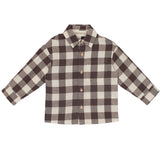 The Beckett and Bear S'mores Brothers Top is a boys' long-sleeve shirt with a brown and cream check pattern, chest pocket, and classic collar, shown laid flat on a white background.