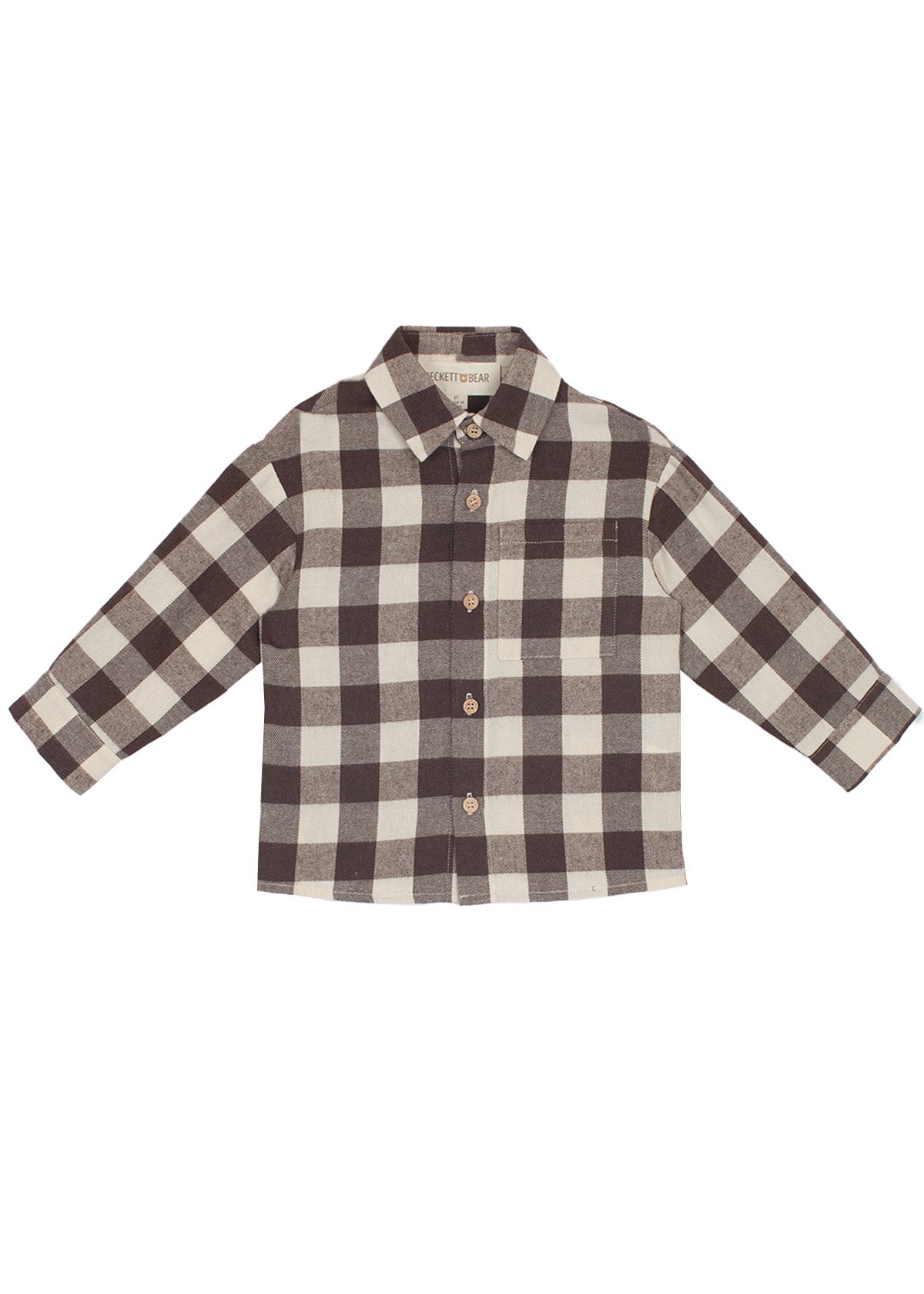 The Beckett and Bear S'mores Brothers Top is a boys' long-sleeve shirt with a brown and cream check pattern, chest pocket, and classic collar, shown laid flat on a white background.