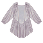 The Glitz and Glam Party Dress by Mabel + Honey features shimmery lavender fabric, a square neckline, long puffed sleeves, and an asymmetrical hem—perfect for girls' parties. Displayed on a white background.