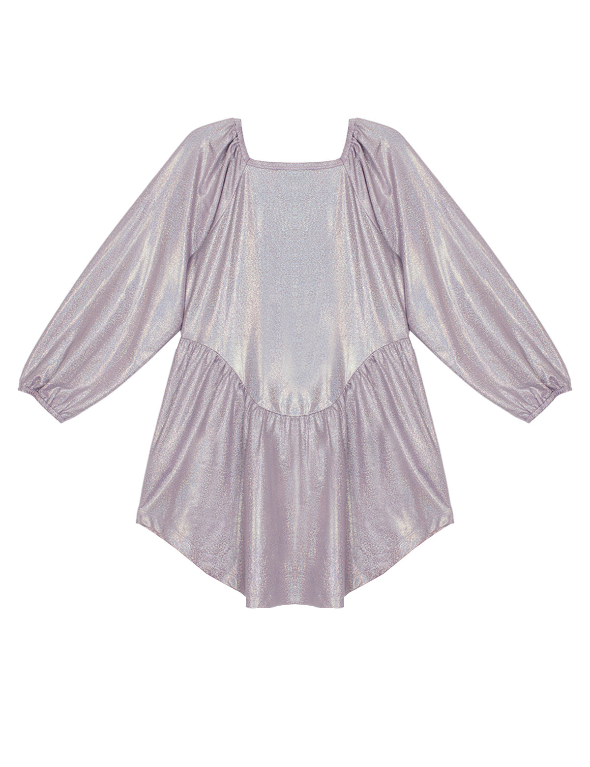 The Glitz and Glam Party Dress by Mabel + Honey features shimmery lavender fabric, a square neckline, long puffed sleeves, and an asymmetrical hem—perfect for girls' parties. Displayed on a white background.