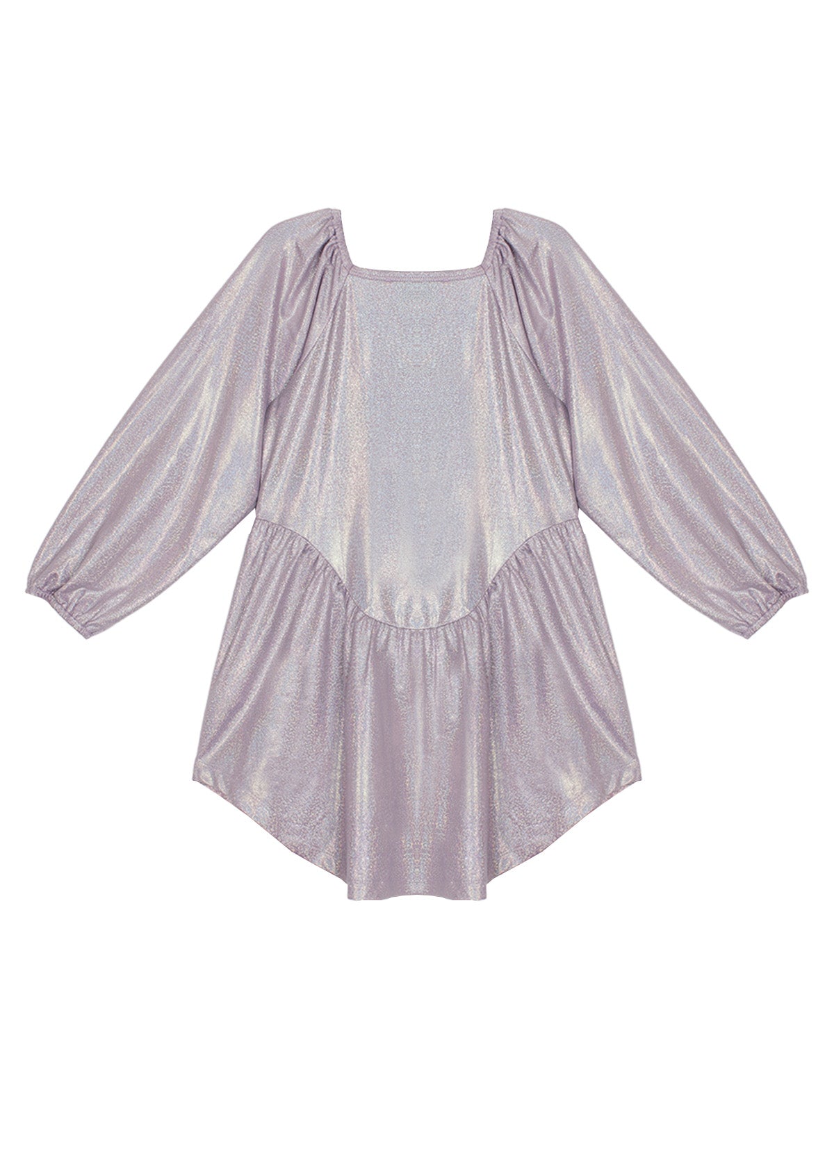 The Glitz and Glam Party Dress by Mabel + Honey features shimmery lavender fabric, a square neckline, long puffed sleeves, and an asymmetrical hem—perfect for girls' parties. Displayed on a white background.