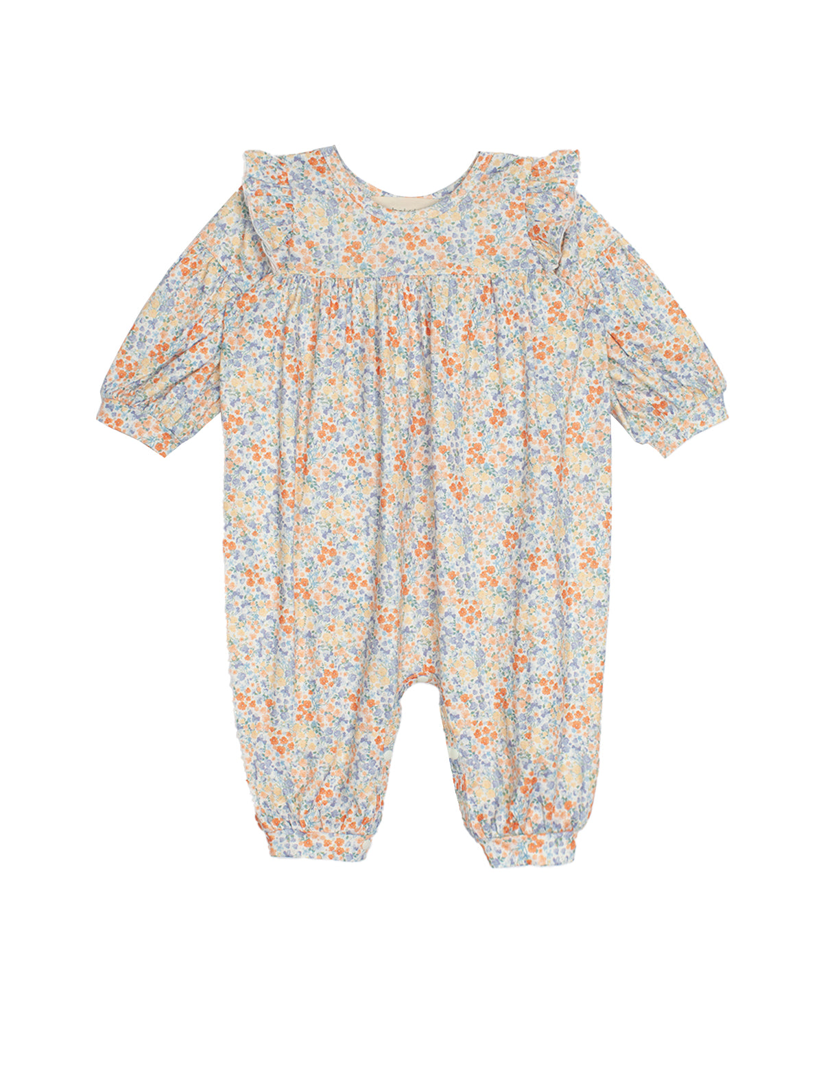 The Darling Orchard Romper by Mabel and Honey is a long-sleeve cotton baby romper with a ruffled collar and cuffs, showcasing a blue, orange, and yellow floral print on white.