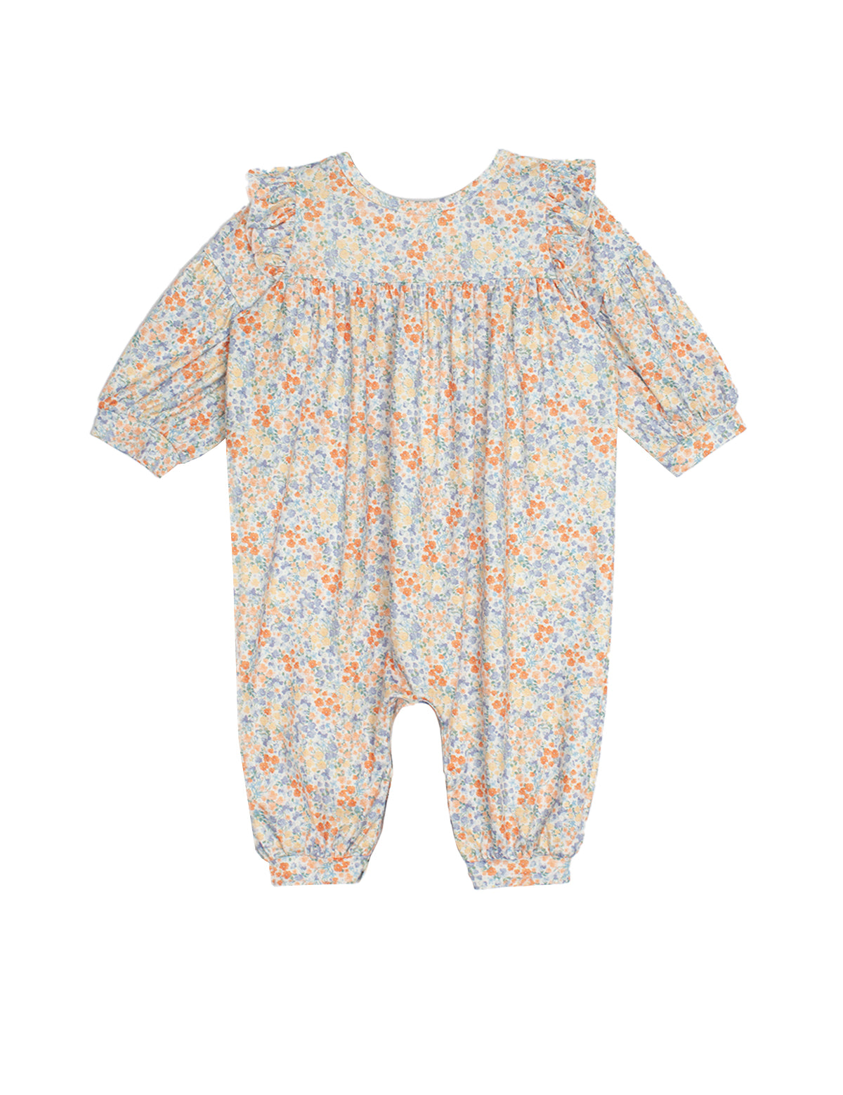 The Darling Orchard Romper by Mabel and Honey is a soft cotton, long-sleeved floral romper with ruffled shoulders and a pastel orange, blue, and yellow print on a light background—perfect for comfy, charming style for your baby.