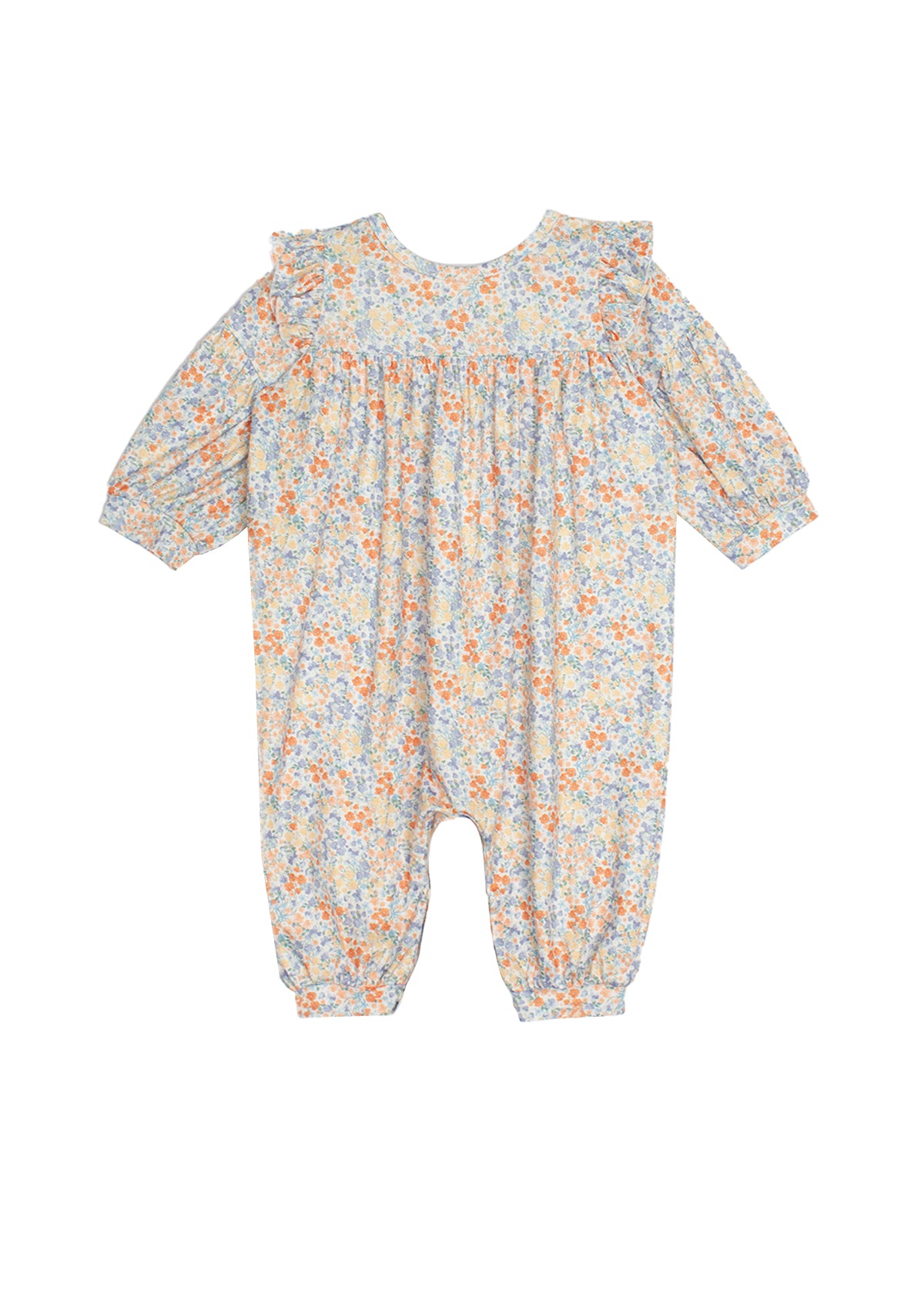 The Darling Orchard Romper by Mabel and Honey is a soft cotton, long-sleeved floral romper with ruffled shoulders and a pastel orange, blue, and yellow print on a light background—perfect for comfy, charming style for your baby.