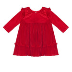 The Isobella and Chloe Merry 'n Bright Red Velvet Dress is a long-sleeved, knee-length holiday dress for kids, featuring ruffled shoulders, a pleated skirt, and a round neckline with a button closure at the back.