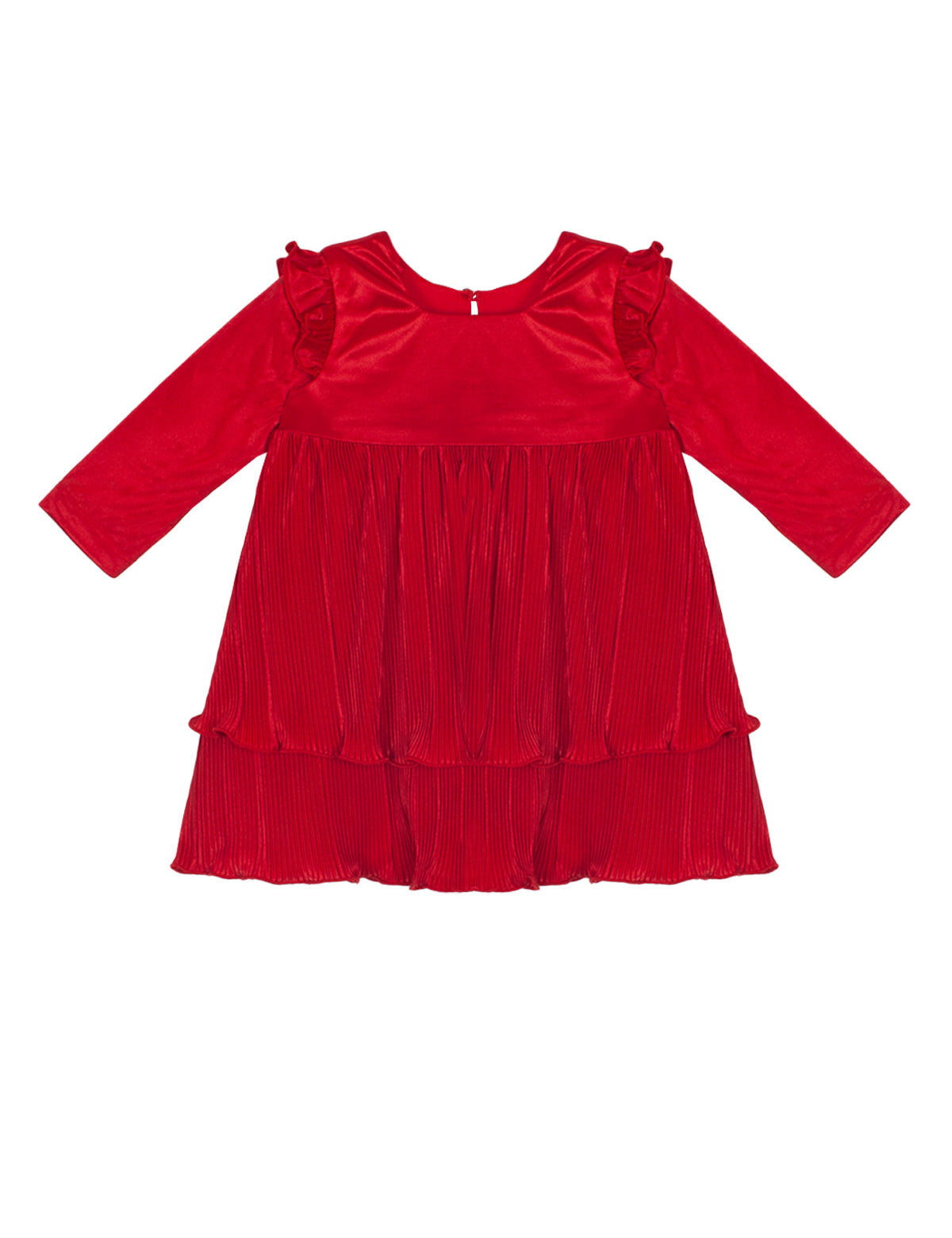The Isobella and Chloe Merry 'n Bright Red Velvet Dress is a long-sleeved, knee-length holiday dress for kids, featuring ruffled shoulders, a pleated skirt, and a round neckline with a button closure at the back.