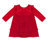 The Isobella and Chloe Merry 'n Bright Red Velvet Dress is a long-sleeved, knee-length holiday dress for kids, featuring ruffled shoulders, a pleated skirt, and a round neckline with a button closure at the back.