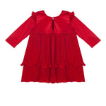 The Isobella and Chloe Merry 'n Bright Red Velvet Dress is a long-sleeved, knee-length girls’ dress with ruffled shoulders, a pleated tiered skirt, and back button closure—ideal for festive occasions.