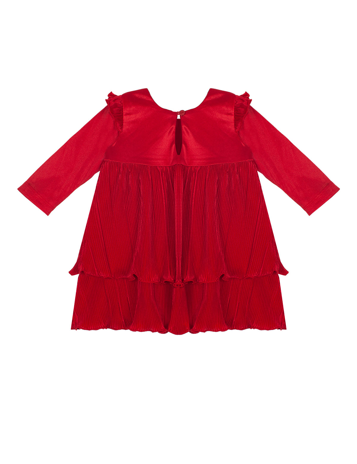 The Isobella and Chloe Merry 'n Bright Red Velvet Dress is a long-sleeved, knee-length girls’ dress with ruffled shoulders, a pleated tiered skirt, and back button closure—ideal for festive occasions.