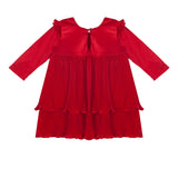 The Isobella and Chloe Merry 'n Bright Red Velvet Dress is a long-sleeved, knee-length girls’ dress with ruffled shoulders, a pleated tiered skirt, and back button closure—ideal for festive occasions.