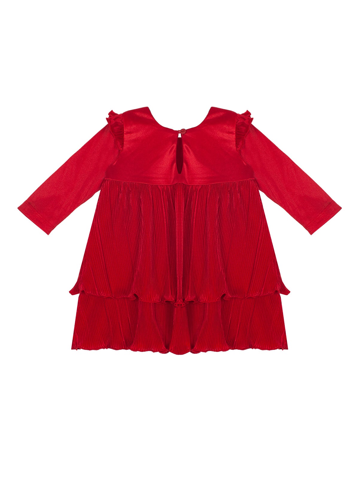 The Isobella and Chloe Merry 'n Bright Red Velvet Dress is a long-sleeved, knee-length girls’ dress with ruffled shoulders, a pleated tiered skirt, and back button closure—ideal for festive occasions.