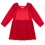 The Isobella and Chloe Merry n Bright Velvet Dress is a children’s long-sleeve red dress with a square neckline, natural waist, and pleated skirt, crafted from a shiny velvet-like fabric.