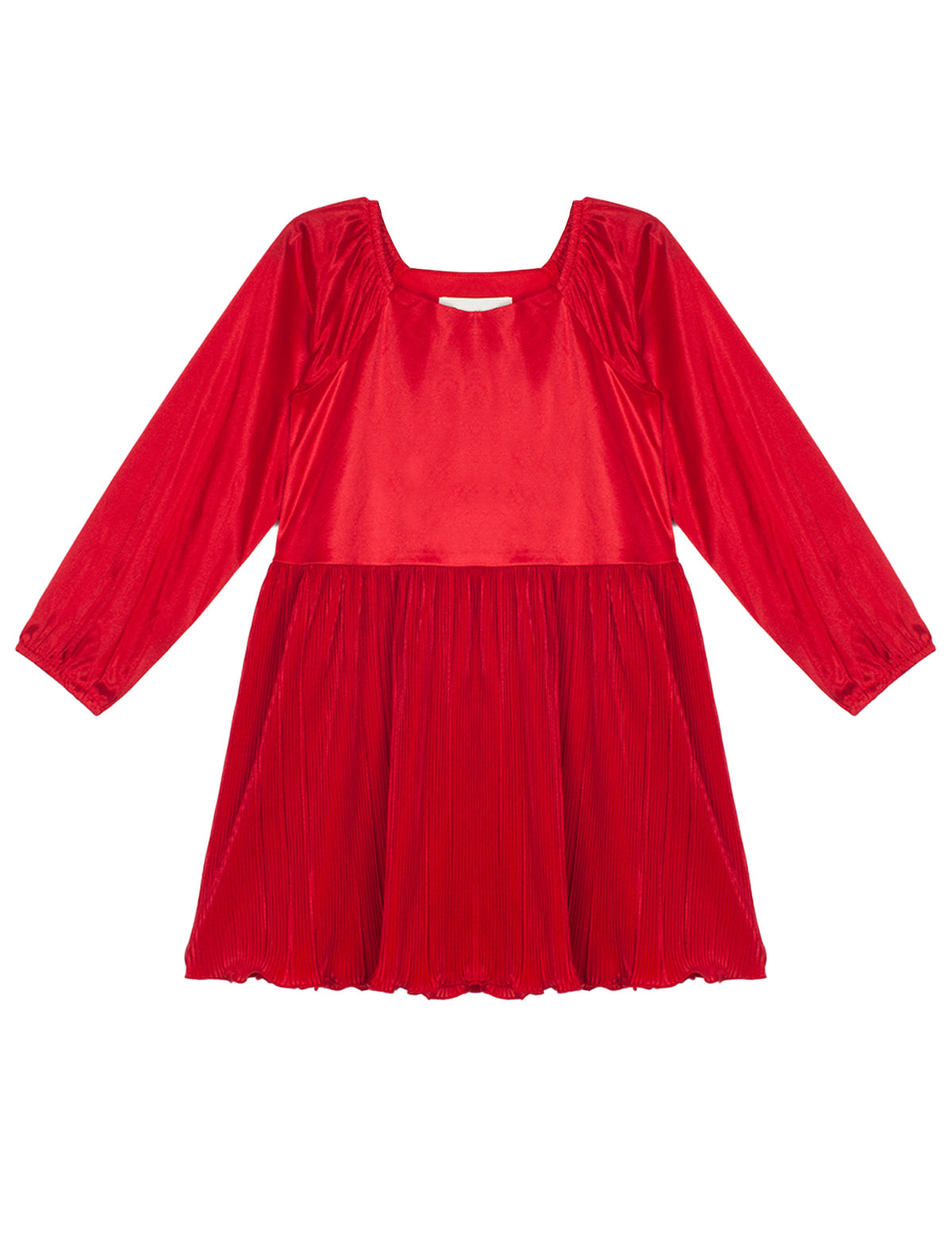 The Isobella and Chloe Merry n Bright Velvet Dress is a children’s long-sleeve red dress with a square neckline, natural waist, and pleated skirt, crafted from a shiny velvet-like fabric.