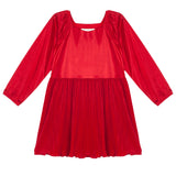The Isobella and Chloe Merry n Bright Velvet Dress is a children’s long-sleeve red dress with a square neckline, natural waist, and pleated skirt, crafted from a shiny velvet-like fabric.