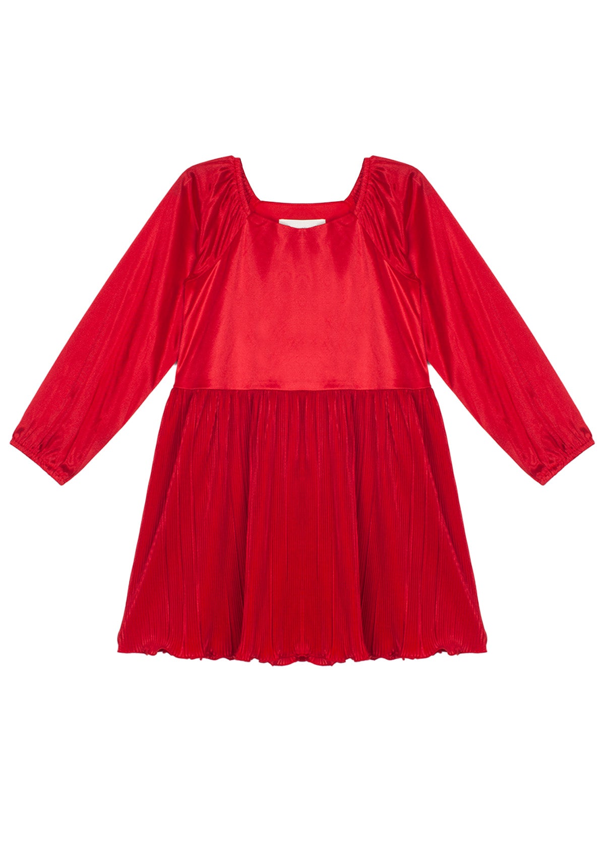 The Isobella and Chloe Merry n Bright Velvet Dress is a children’s long-sleeve red dress with a square neckline, natural waist, and pleated skirt, crafted from a shiny velvet-like fabric.