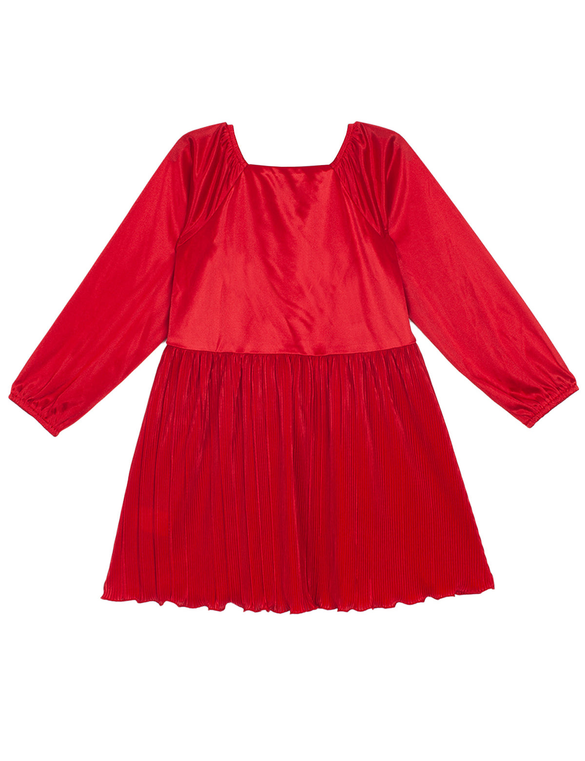 The Merry n Bright Velvet Dress by Isobella and Chloe features a bright red hue, long sleeves, natural waist, square neckline, and pleated skirt in shiny velvet—an elegant choice for holiday gatherings.