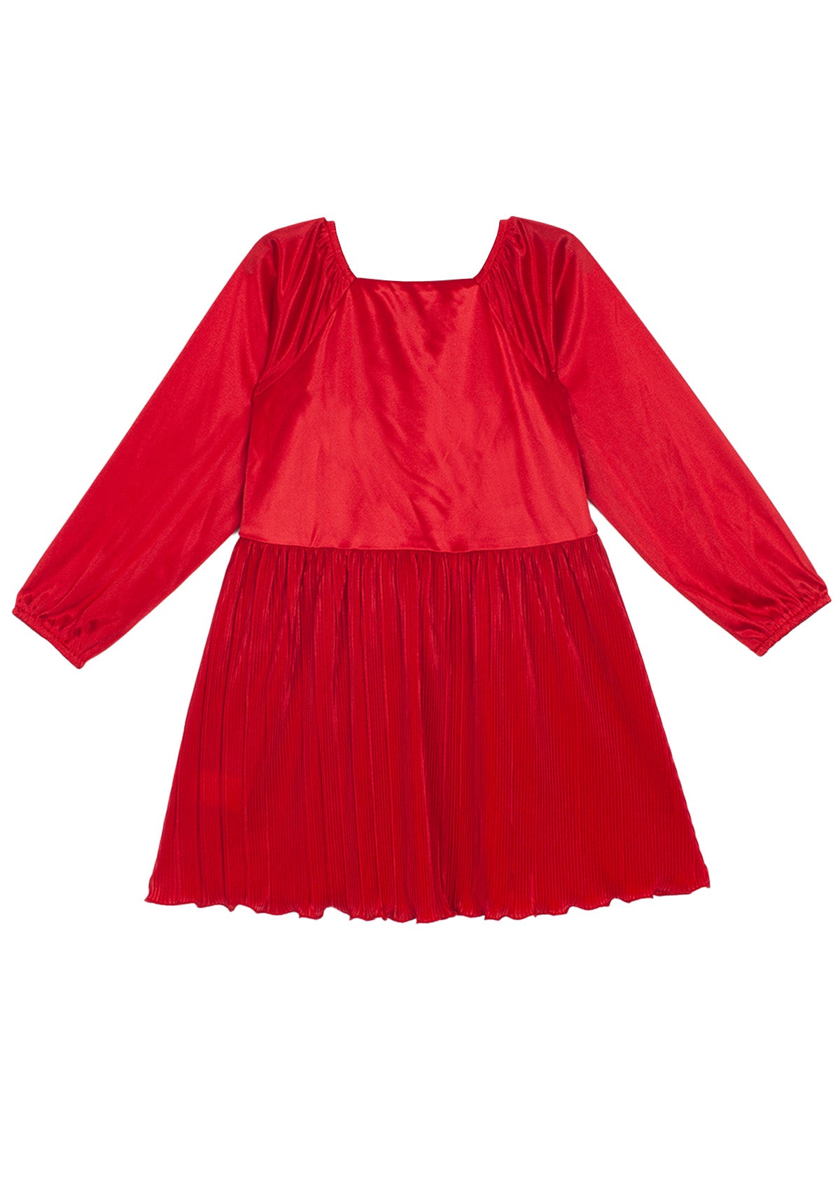 The Merry n Bright Velvet Dress by Isobella and Chloe features a bright red hue, long sleeves, natural waist, square neckline, and pleated skirt in shiny velvet—an elegant choice for holiday gatherings.