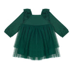 The Isobella and Chloe Mistletoe Emerald Dress features long sleeves, ruffled shoulders, a square neckline, elastic cuffs, and a layered tulle skirt with small polka dots—ideal for holiday celebrations.